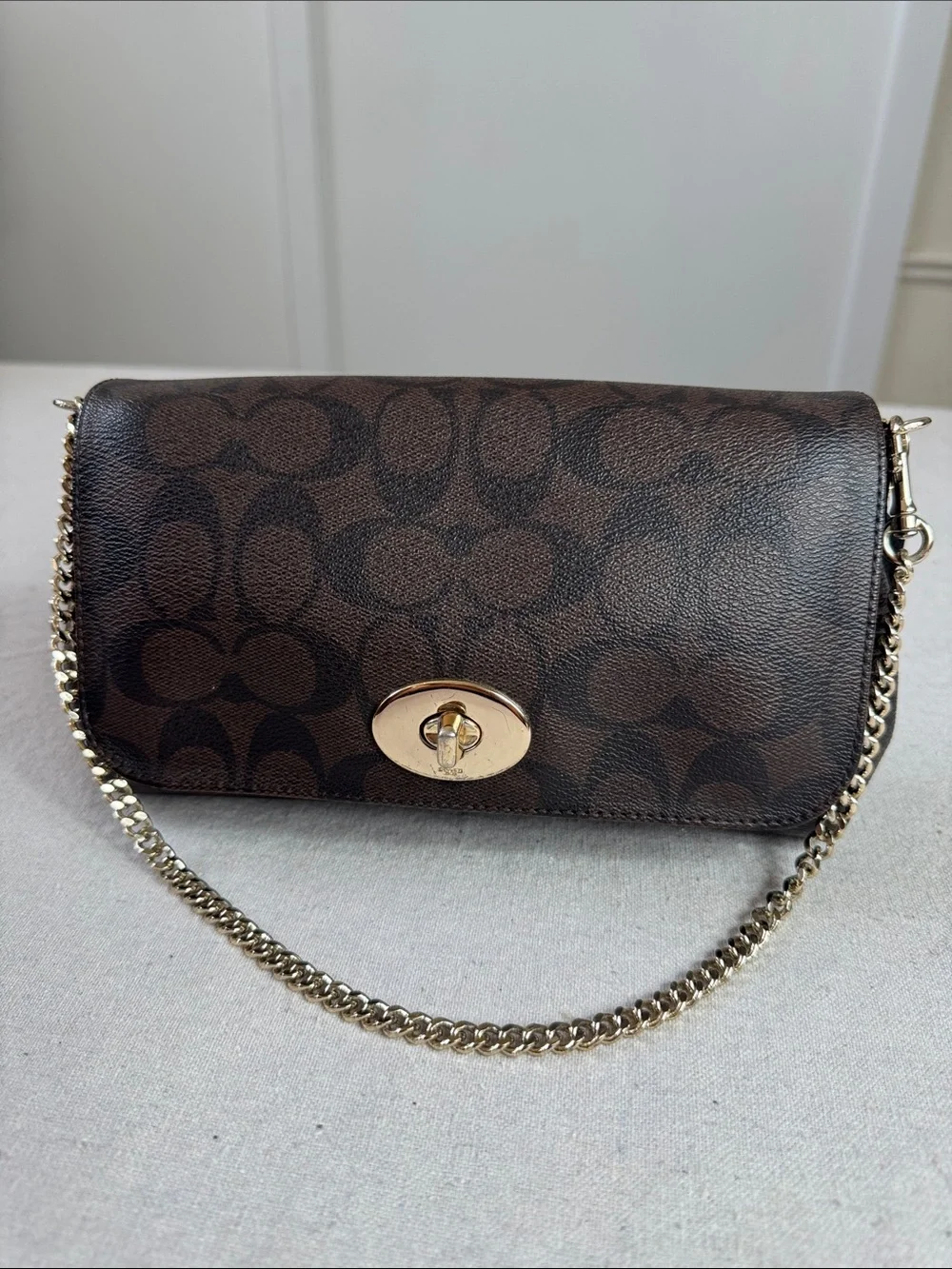 Coach Brown Signature Ruby Mini Crossbody with Gold Hardware bag.